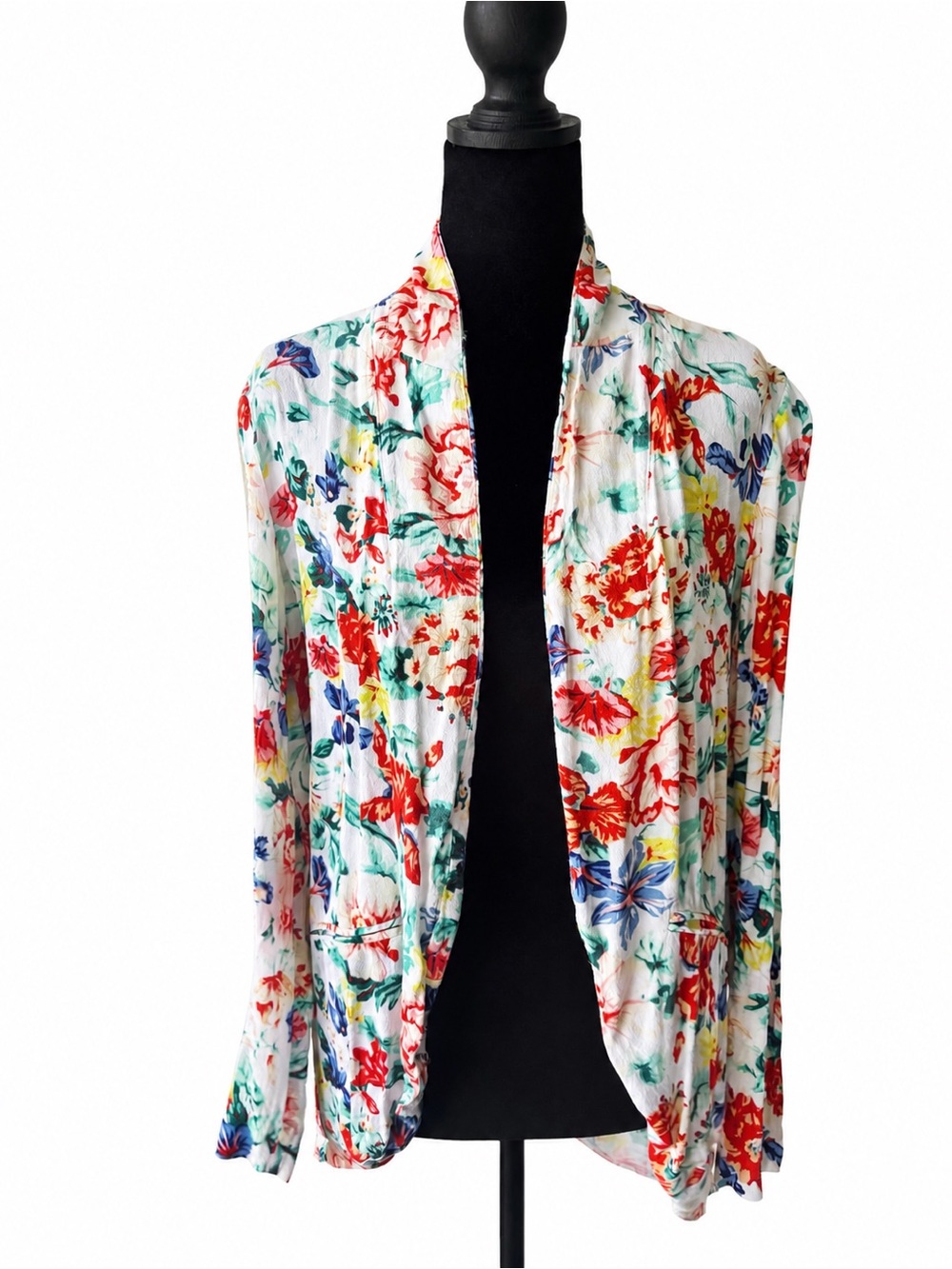 Floral Open-Front Lightweight Cardigan - White Base with Red & Blue Flowers